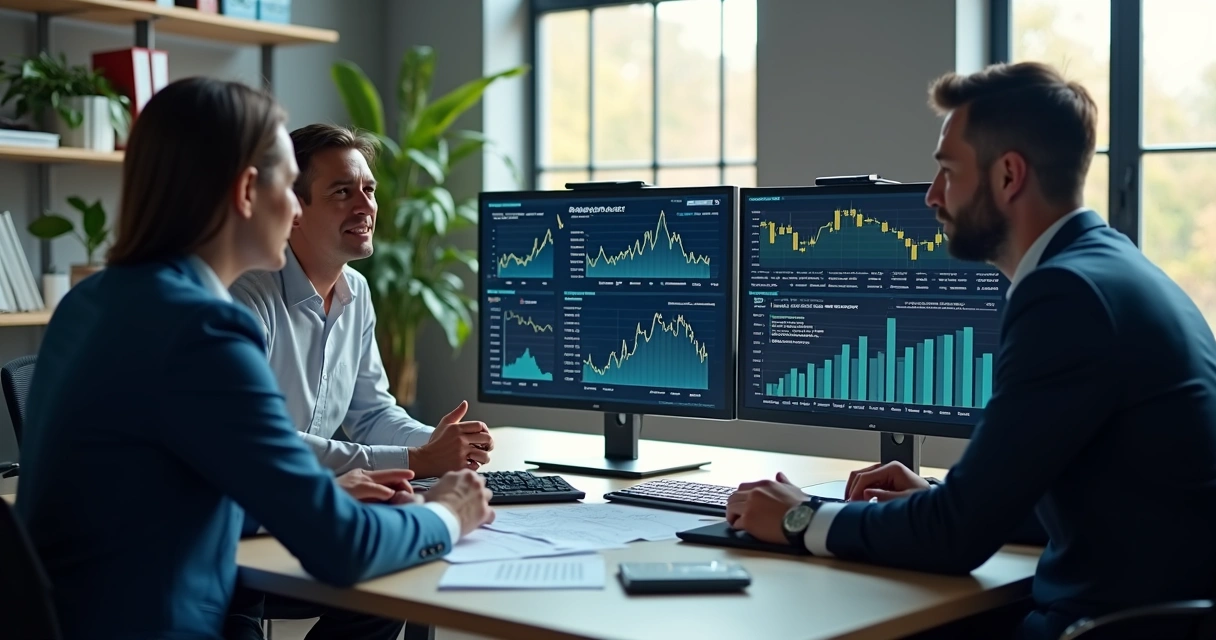 Equipe de profissionais financeiros em reunião utilizando computadores e tecnologia para planejar vendas em BPO financeiro 