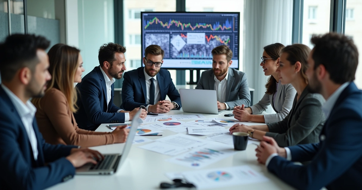 Equipe reunida ao redor de uma mesa discutindo relatórios financeiros com planilhas