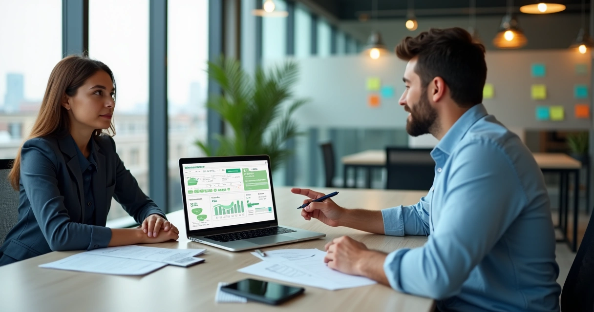 Profissional de BPO financeiro apresentando proposta comercial para primeiro cliente em escritório moderno 