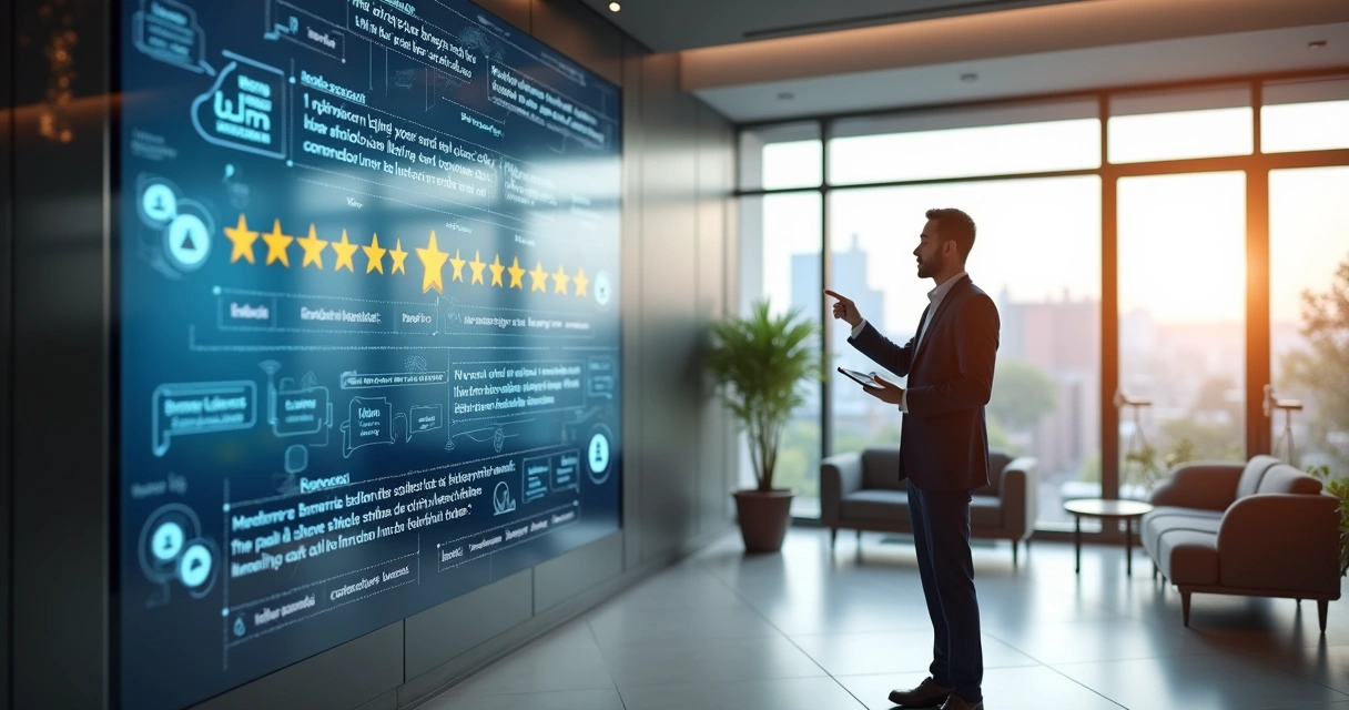 Painel digital com depoimentos e avaliações destacando serviço financeiro 