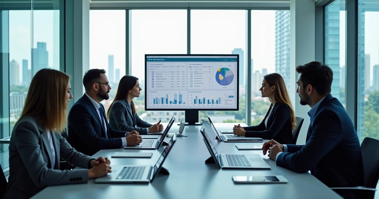 Equipe reunida em mesa discutindo perfil de clientes para BPO financeiro 