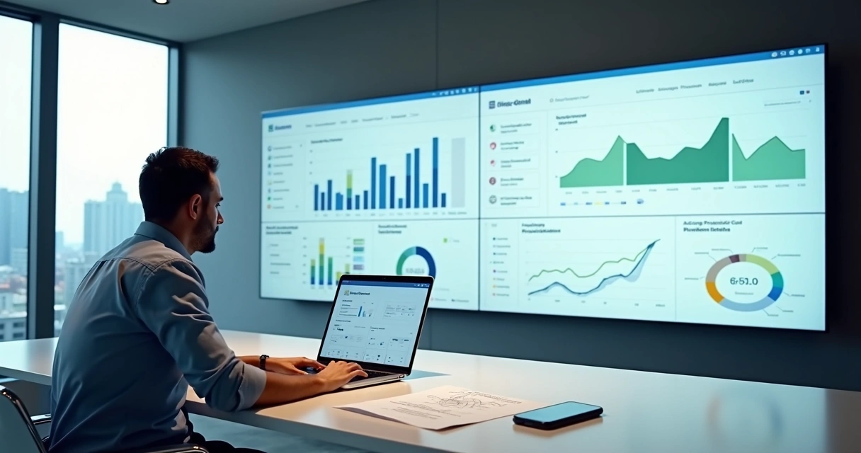 Profissional de BPO financeiro analisando painel de sistema de gestão em tela gigante 
