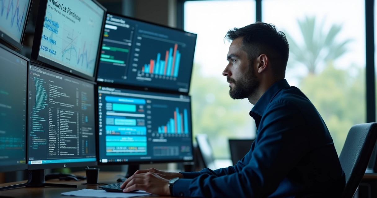 Profissional financeiro analisando gráficos e dados fiscais em telas digitais modernas 