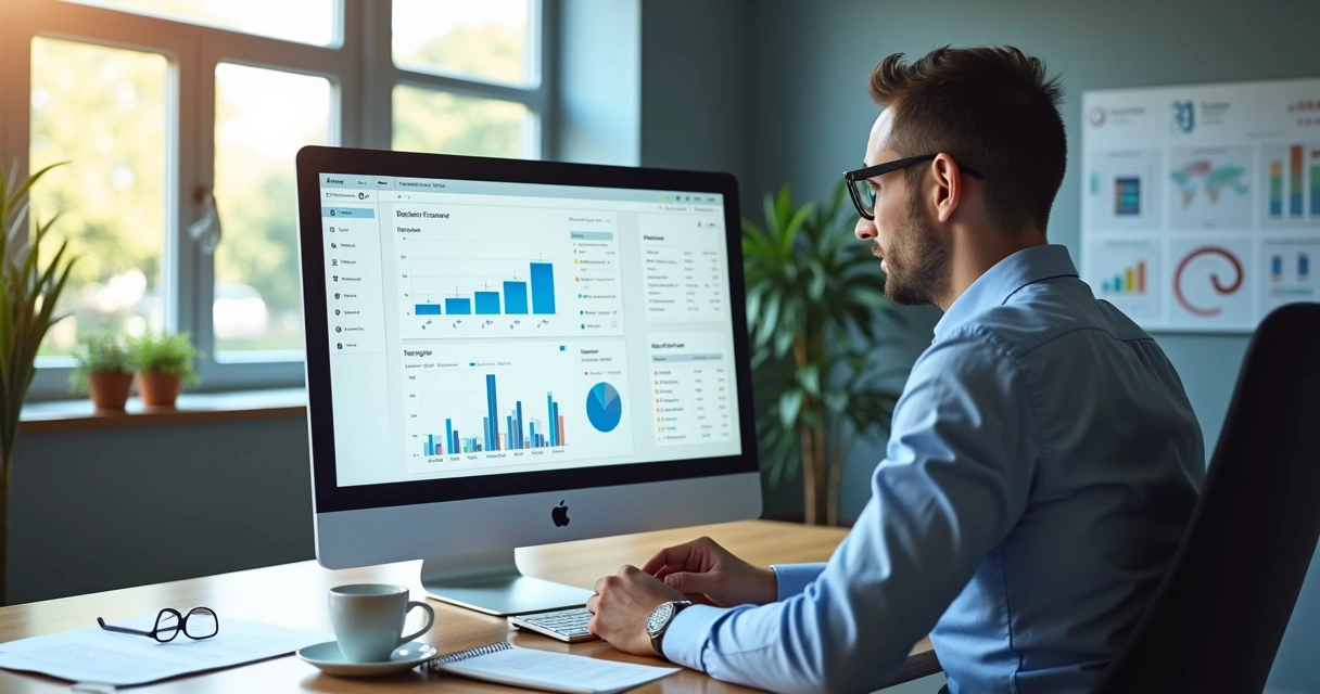 Profissional de BPO analisando painel de vendas em ambiente moderno 