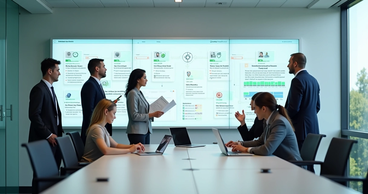 Equipe observando grande tela com fluxo automatizado de folha de pagamento 