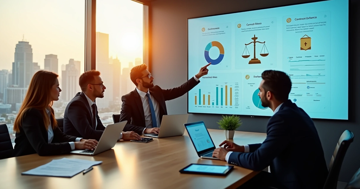 Equipe analisando contratos digitais em painel com gráficos e ícones jurídicos 