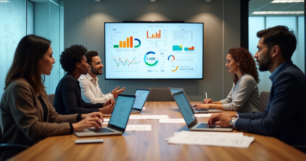 Fluxo de trabalho do BPO financeiro, equipe em torno de computadores analisando gráficos 