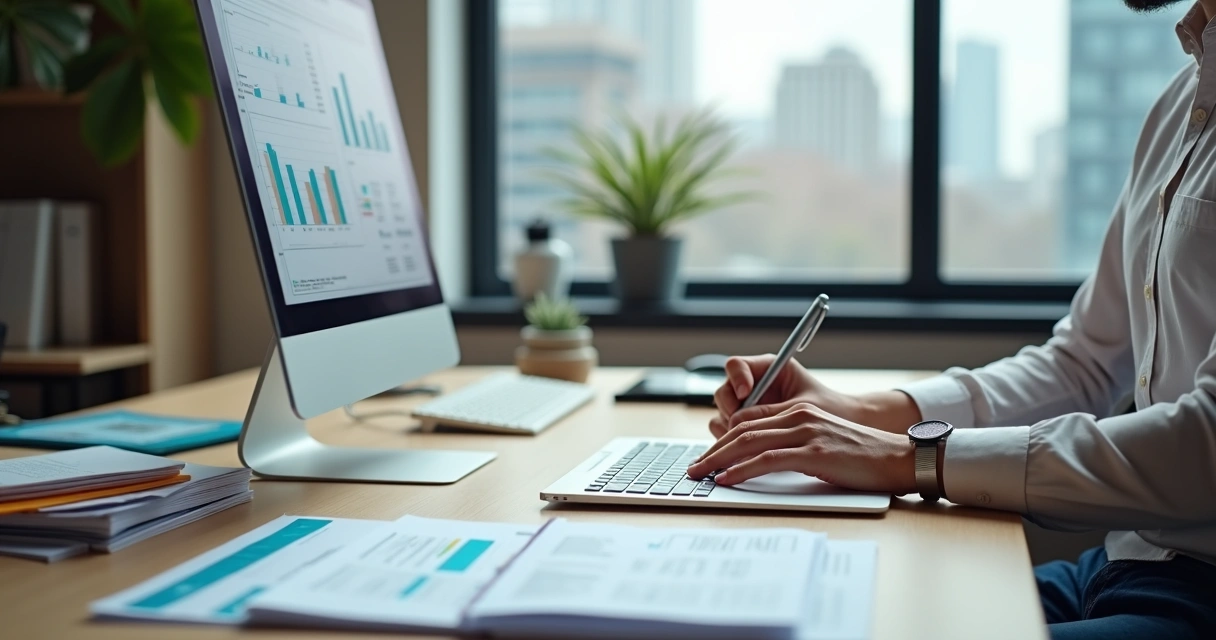 Profissional organizando documentos financeiros e utilizando notebook em escritório moderno 