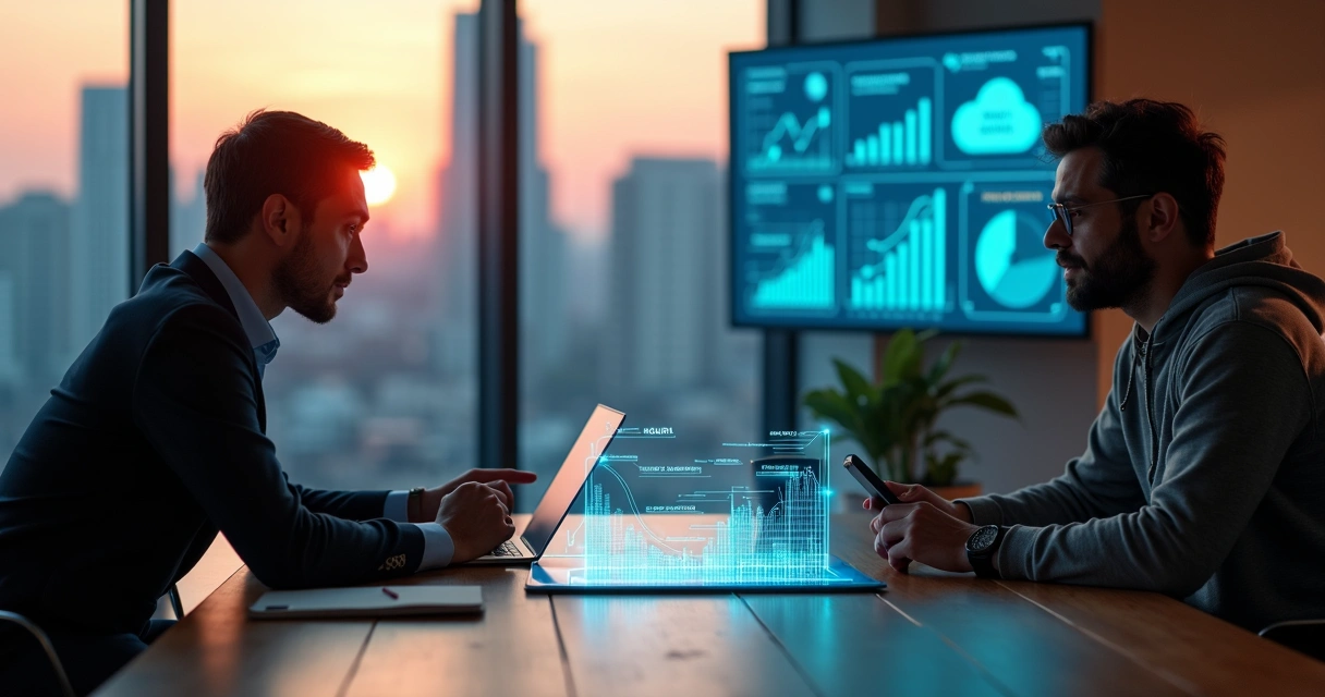 Profissional de BPO financeiro e executivo de startup de tecnologia definindo estratégia juntos 