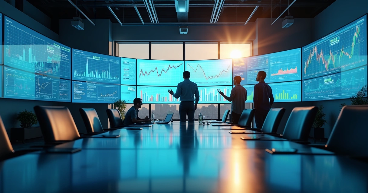 Painel digital com gráficos financeiros em tempo real