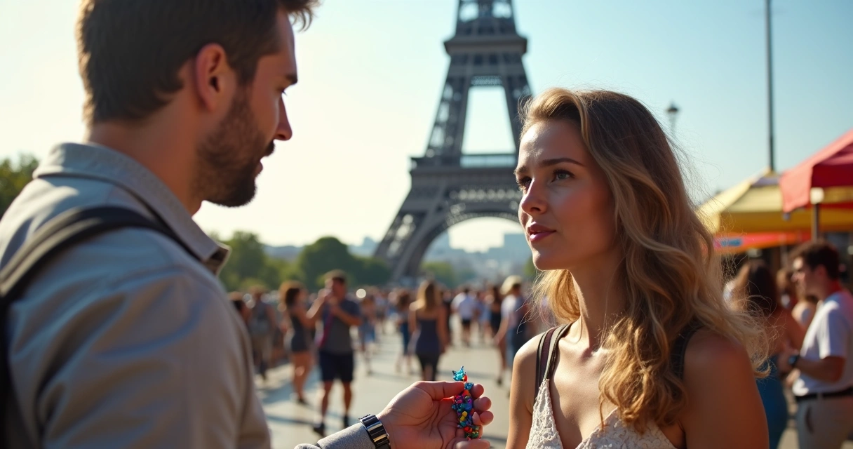 Homem oferecendo bracelete para turista perto da Torre Eiffel 