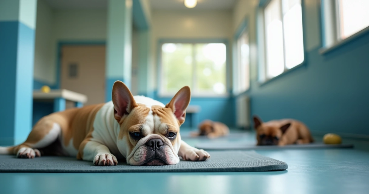 Bulldog resting in daycare room with water bowls and staff watching 