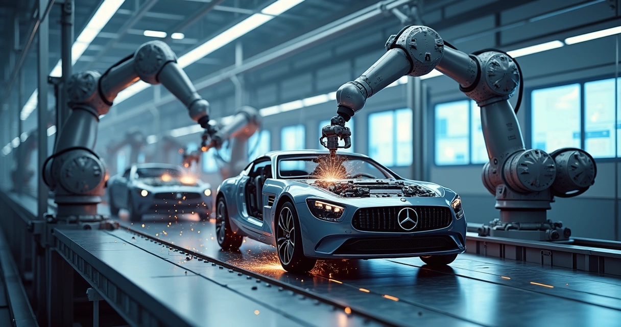 Braços robóticos montando carro em linha industrial