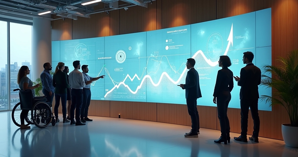 Colaboradores do Bradesco em espaço de inovação observando painel digital 