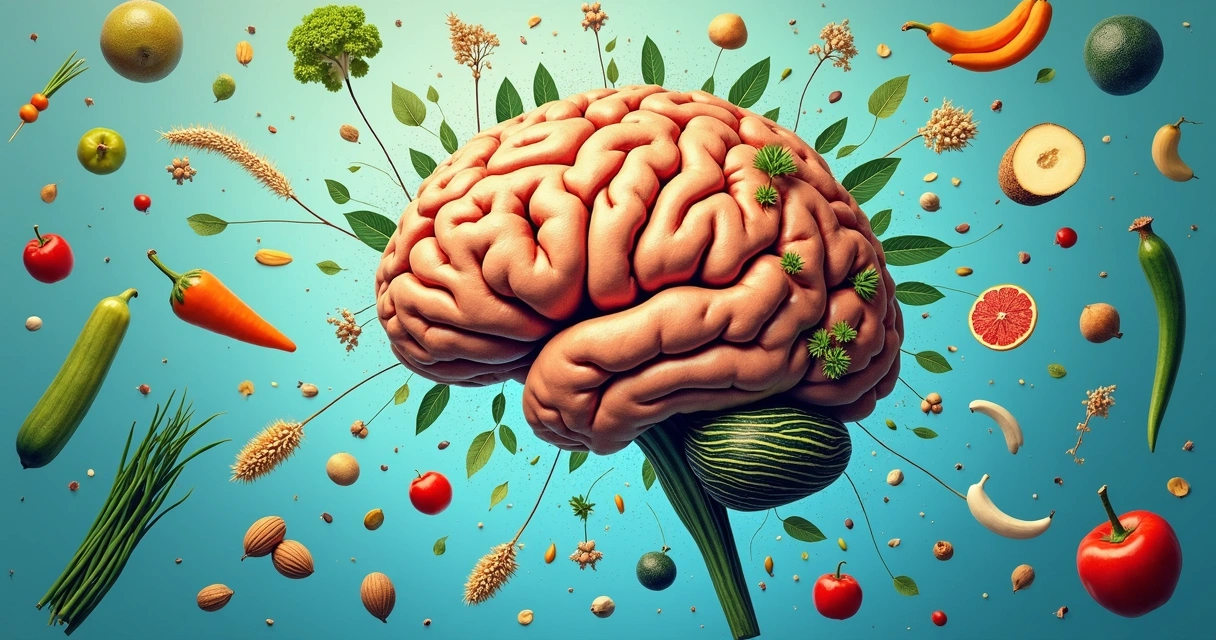 Brain illustration overlaid with healthy foods 