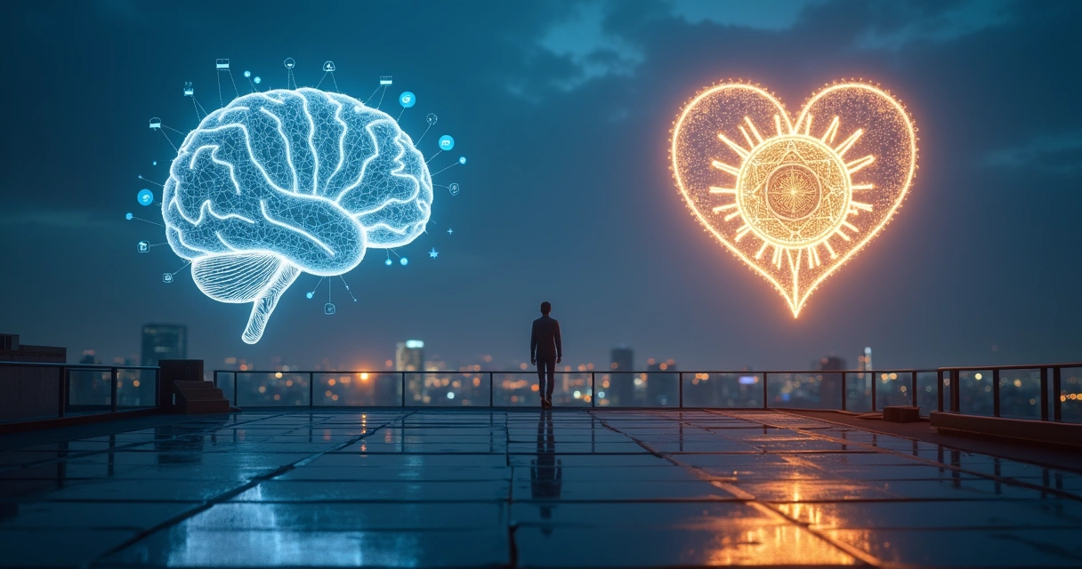 Overhead view of a person walking on a narrow bridge between a glowing brain and a glowing heart 