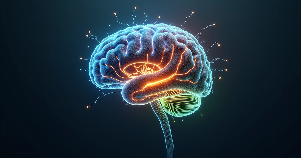 Brain illustration highlighting neural networks involved in consciousness 