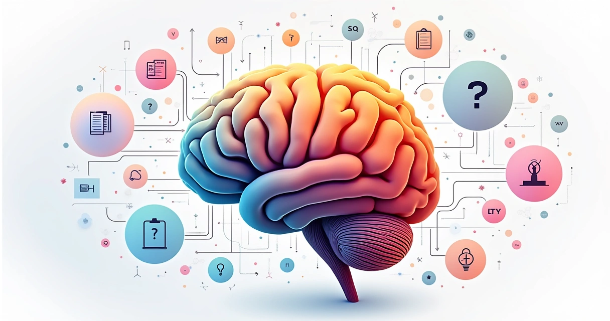 Abstract visual diagram of a brain with highlighted networks and arrows showing decision pathways. 