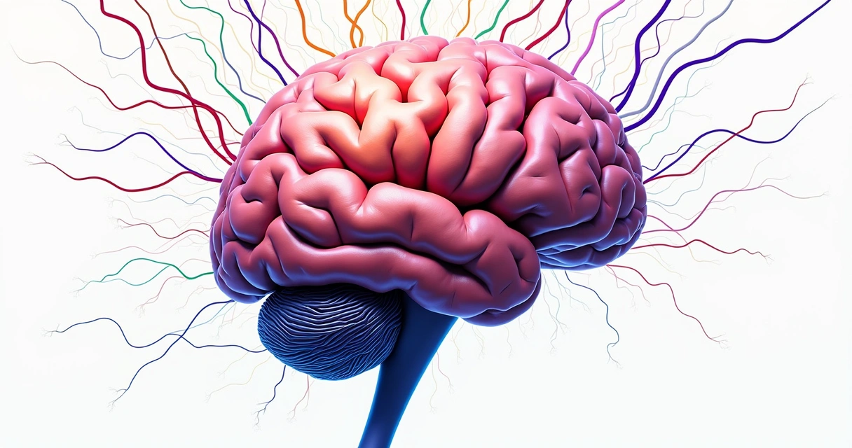 Illustration of a brain with colorful lines symbolizing connections, set against a white background 