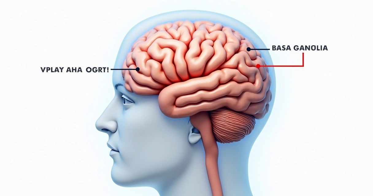 Diagram of adult brain highlighting prefrontal cortex and basal ganglia 