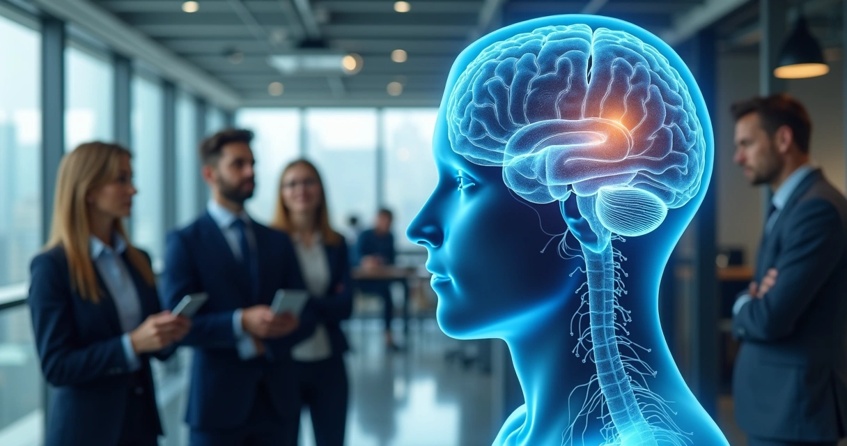 Leader with brain illustration, connecting with team 