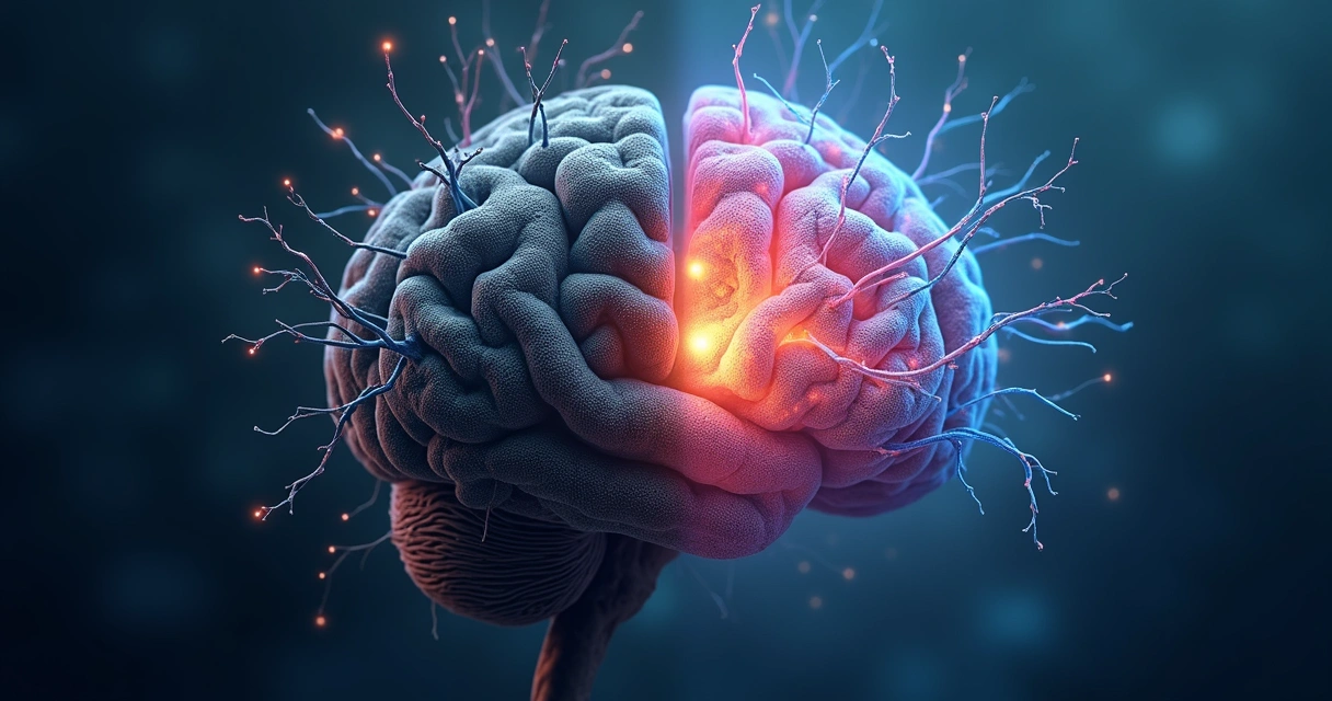 Illustration of a brain with old and new neural pathways connecting 