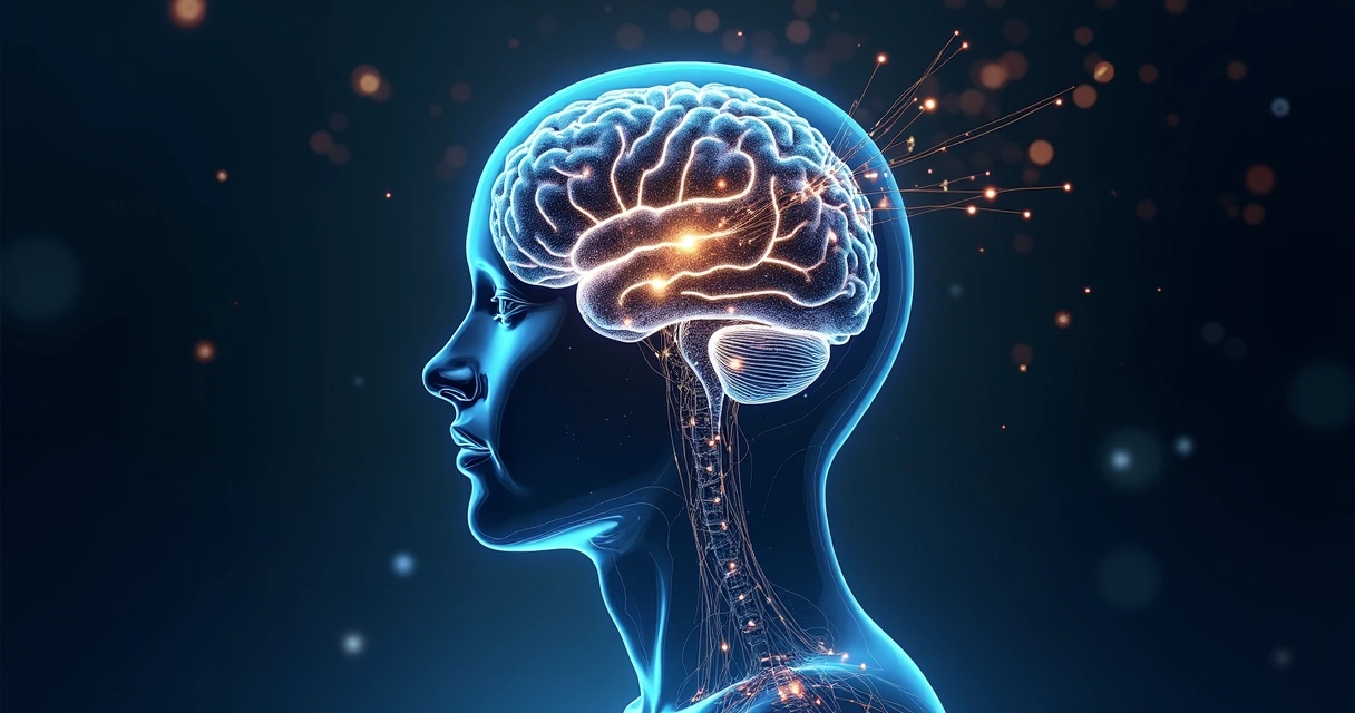 Side profile of a human head with highlighted brain showing connections and glowing lines 