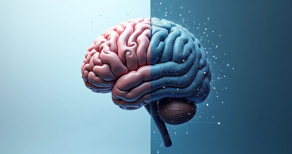 Metade cérebro humano, metade engrenagem digital representando redator e IA 