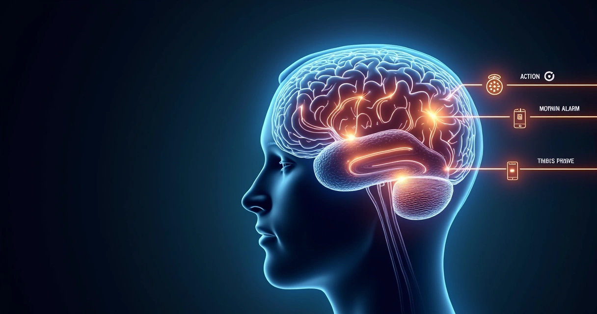 Brain graphic showing repeated routine pathways and cue response loops 