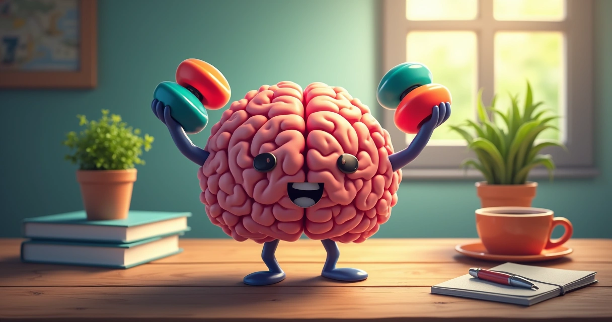 A vibrant illustration of a brain being exercised with tiny weights on a table beside books and plants