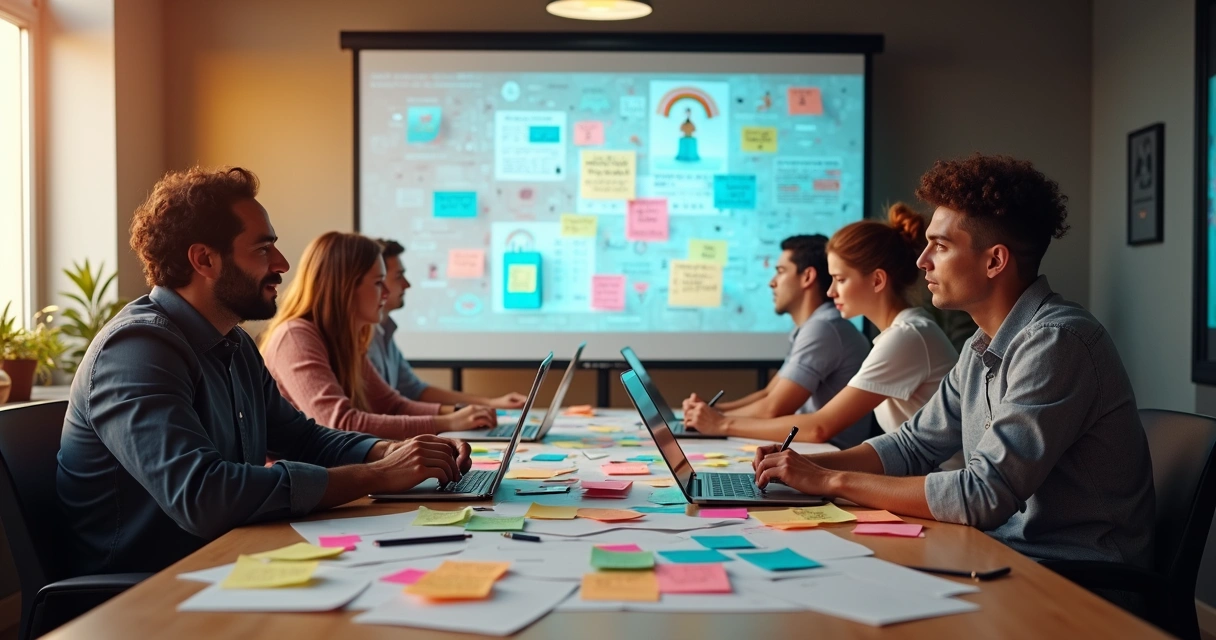 Equipe reunida em mesa fazendo brainstorming de conteúdos digitais 