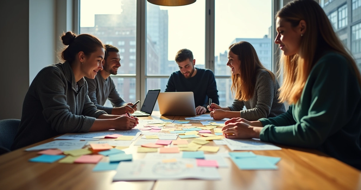 Pessoas ao redor de mesa com post-its coloridos, planejando ideias de conteúdo 