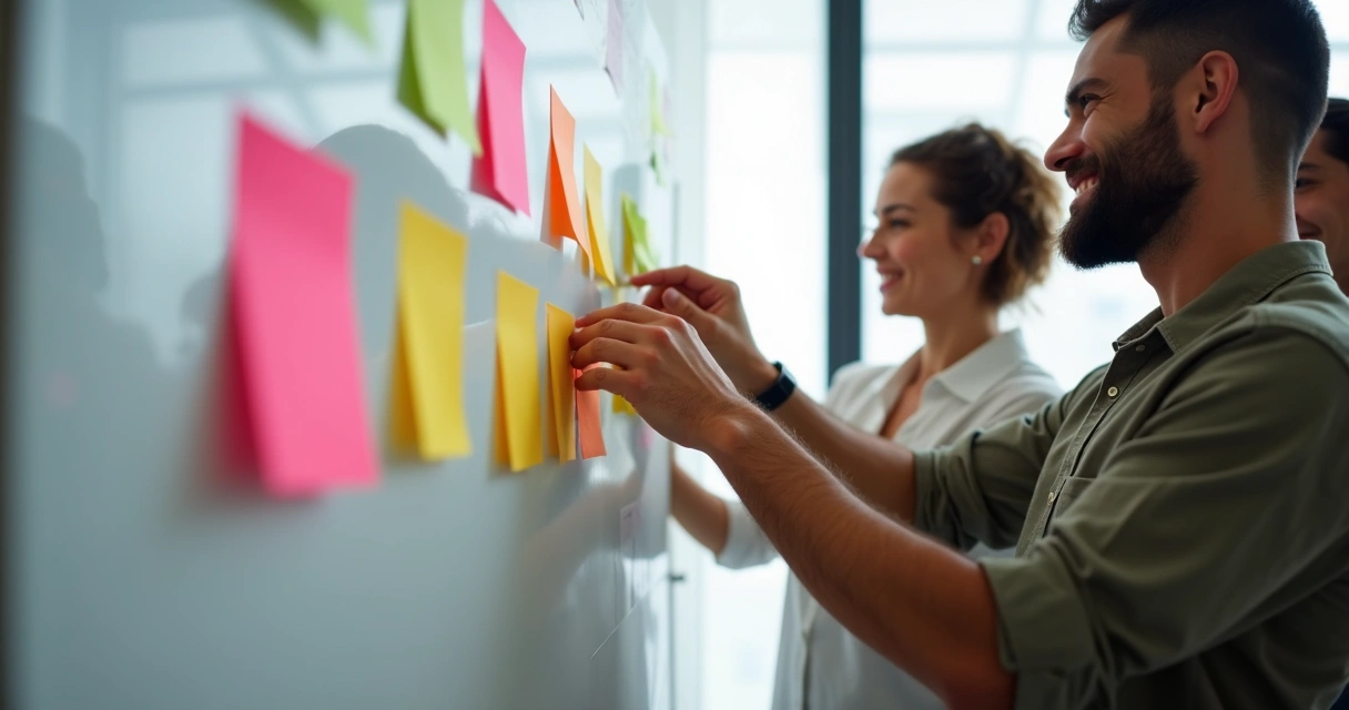 Equipe diversa usando post-its coloridos em quadro branco 