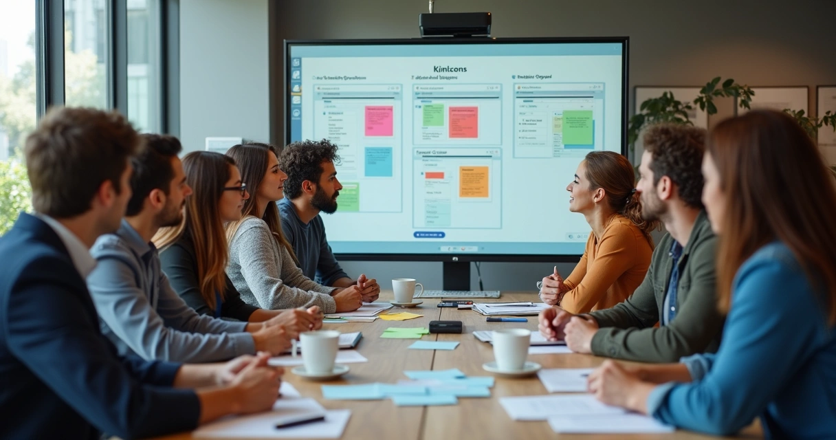Equipe reunida com painéis Kanban no Notion debatendo ideias 