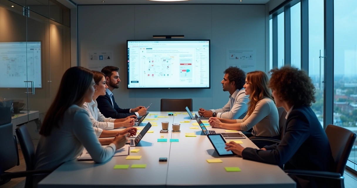 Equipe reunida discutindo ideias para um aplicativo empresarial 