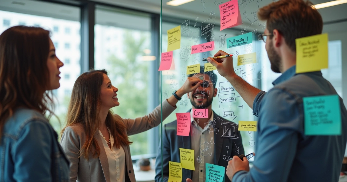 Equipe fazendo brainstorming com anotações e ilustrações sobre personas em parede de vidro 
