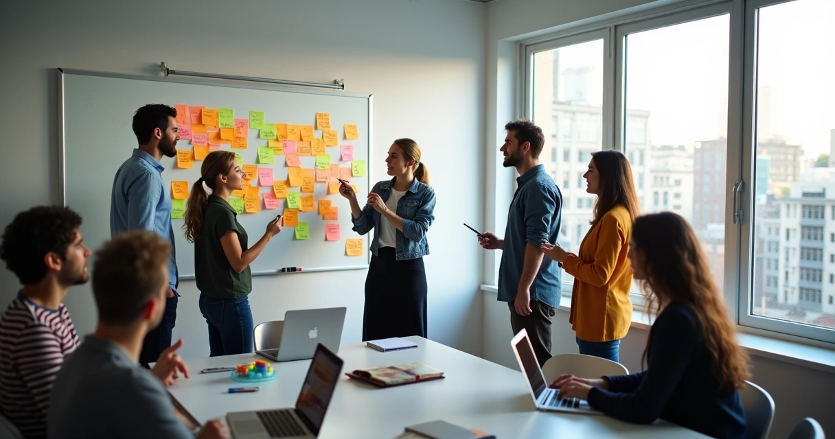 Equipe colaborando em brainstorming usando quadro branco