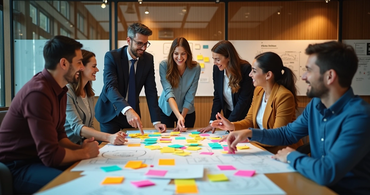 Equipe em volta de mesa fazendo brainstorming 