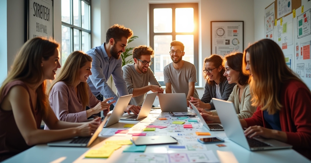 Equipe reunida ao redor de mesa com anotações coloridas, discutindo ideias 