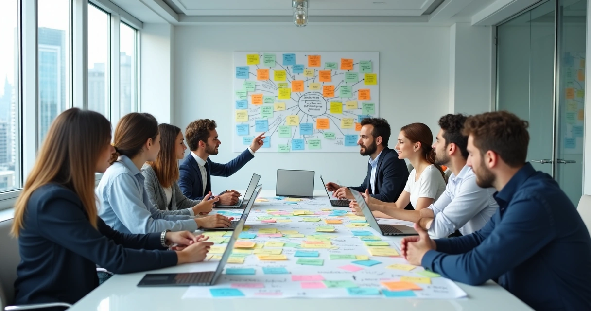 Equipe realizando brainstorming sobre melhorias de processos. 