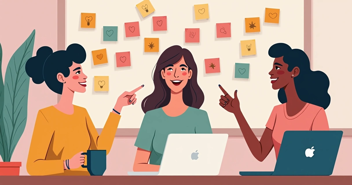 Equipe feminina em brainstorm criativo de nomes em uma parede com post-its coloridos 