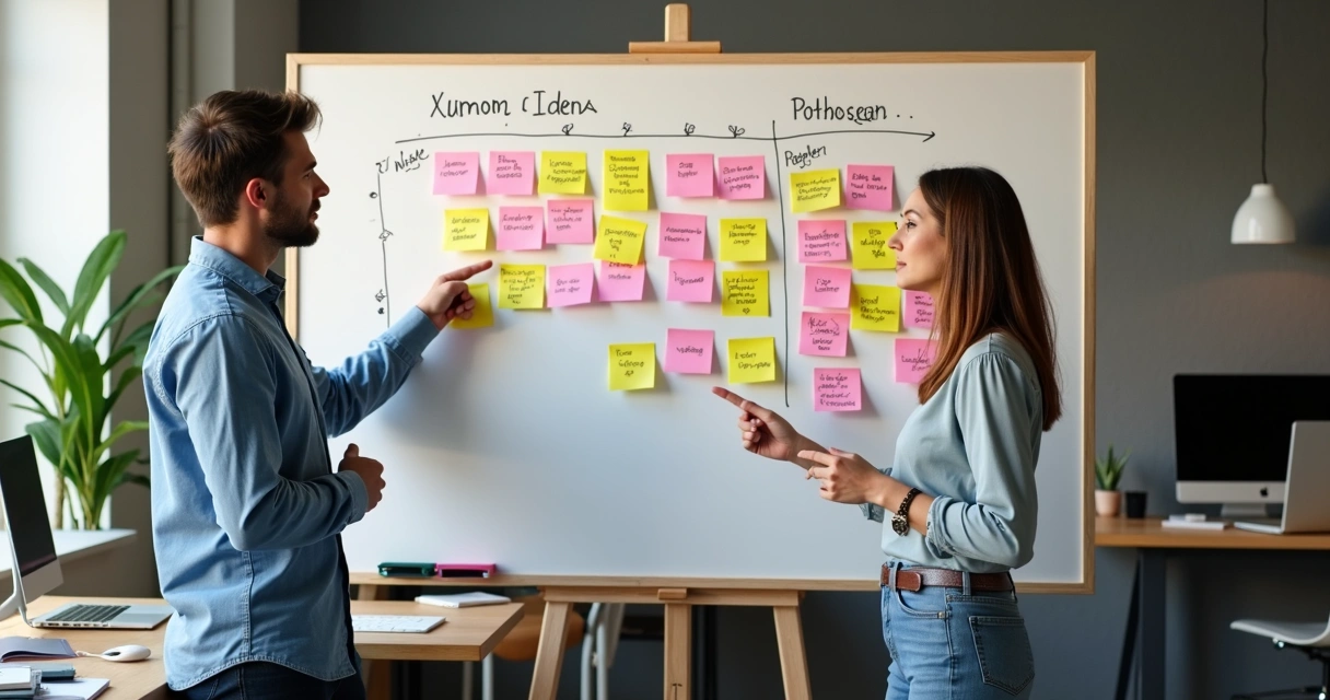 Duas pessoas analisando ideias de nomes de blog em um quadro branco 