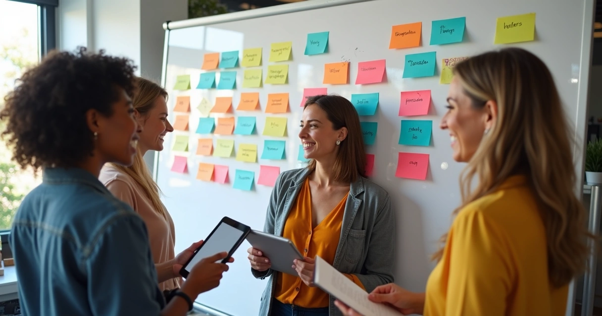 Grupo de mulheres discutindo ideias de nomes com post-its coloridos em um quadro branco 