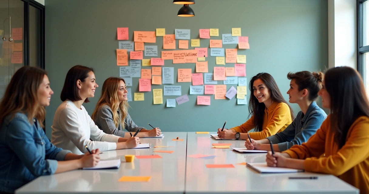 Equipe reunida ao redor de mesa com post-its sobre personas 