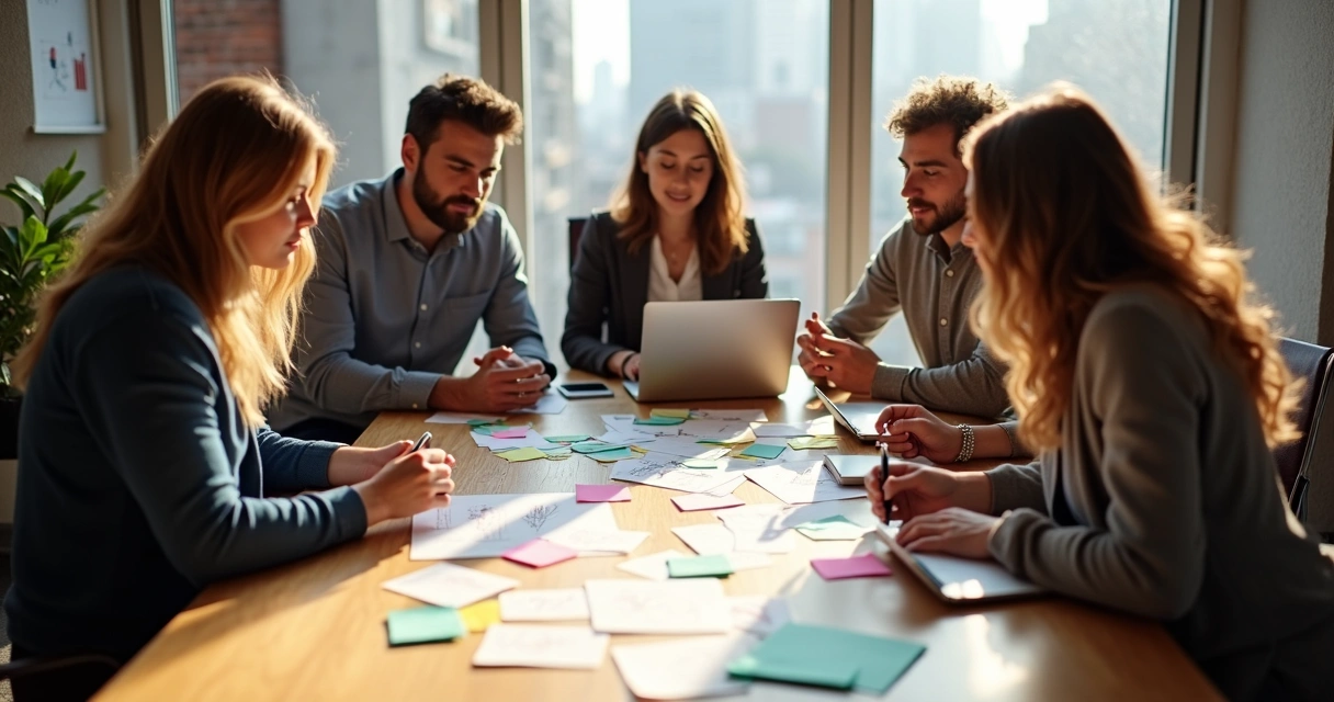 Equipe reunida em brainstorming discutindo ideias de negócio 