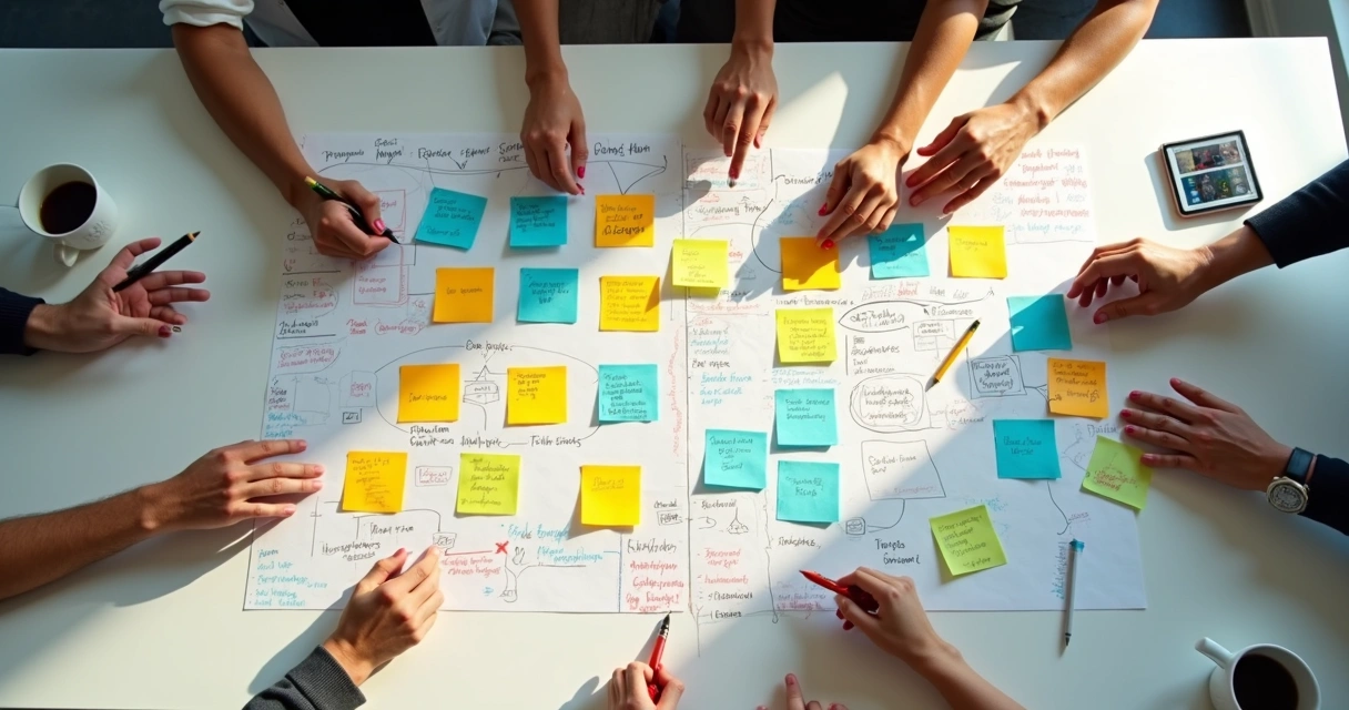 Mesa branca com muitos post-its coloridos e anotações de ideias