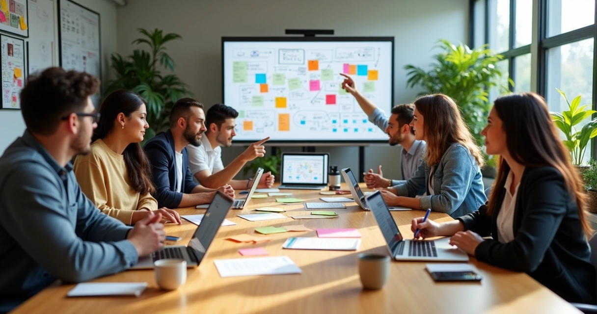 Grupo reunido em volta de mesa com laptops e tablets, brainstorm digital em ambiente moderno e iluminado 
