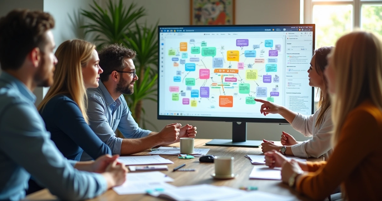 Equipe reunida discutindo ideias geradas por computador 
