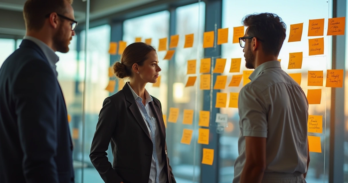Employees brainstorming with sticky notes, showing unity and unique contributions.