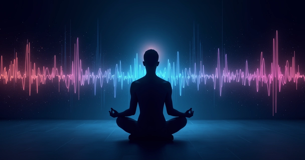 Brainwave patterns shown as colorful lines, overlay of a calm person meditating